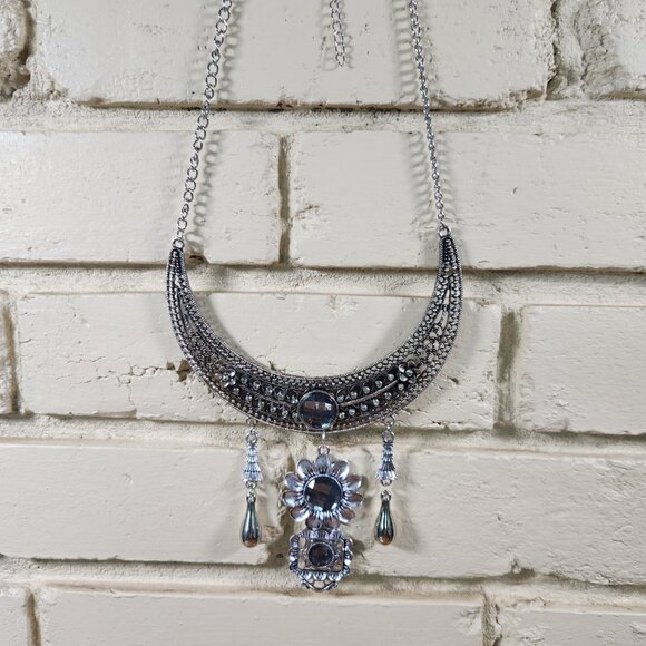 Vintage Womens Tibetan Silver Crytals Necklace Statement 18" - Picture 3 of 5